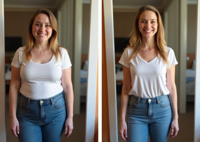 Before and After Weight Loss: Funhouse Mirror Distorts Woman’s Reflection in Same Outfit Before and After Weight Loss: Funhouse Mirror Distorts Woman's Reflection in Same Outfit