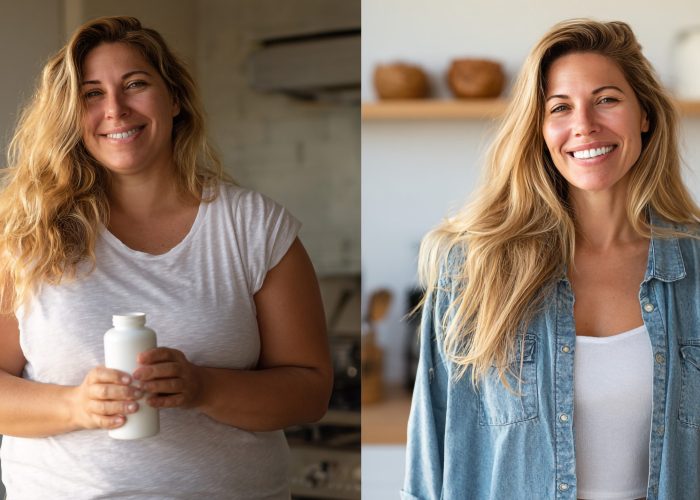 Weight loss transformation: a split image of a woman smiling before and after her fitness journey, showcasing visible physical changes. Weight loss transformation: a split image of a woman smiling before and after her fitness journey, showcasing visible physical changes.